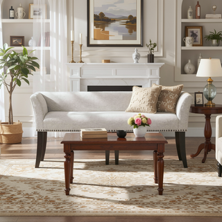 Sunvega Upholstered Cream Accent Bench with Padded Back and Flared Arms