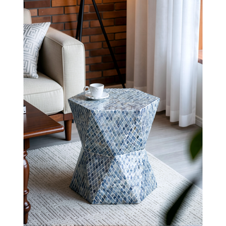 Sunvega Blue Capiz Inlay Tapered Hexagon Accent Stool for Bedrooms