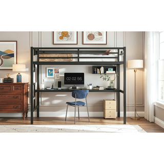 Sunvega Metal Twin XL Loft Bed with Desk, USB, LED Light, and Power Outlet