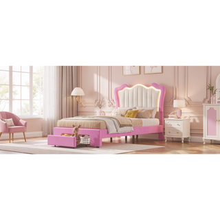 Sunvega Twin Size Upholstered Princess Bed with Crown Headboard and LED Lights