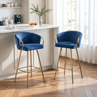 Sunvega 30 Inch Set of 2 Velvet Bar Stools with Chrome Footrest and Golden Leg