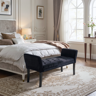 Sunvega Black Velvet Lathen Bench with Arms for Comfortable Seating and Lounging
