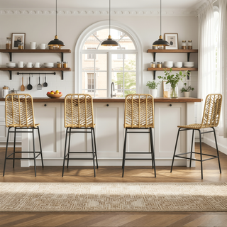 Sunvega Set of 4 Rattan Bar Stools with Breathable Wicker Seat and Back for Kitchen