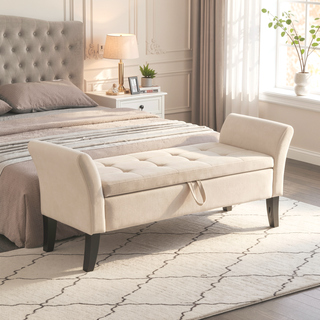 Sunvega Beige Velvet Upholstered Storage Bench with Tufted Design for Bedroom
