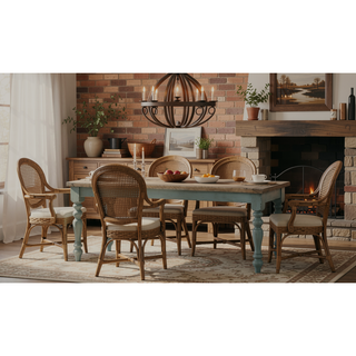 Sunvega Antique Brown and Distressed Blue Upholstered Dining Bench with Turned Legs