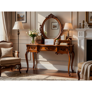 Sunvega Small Size Left Drawer Vanity Table with Cushioned Stool and Sliding Mirror