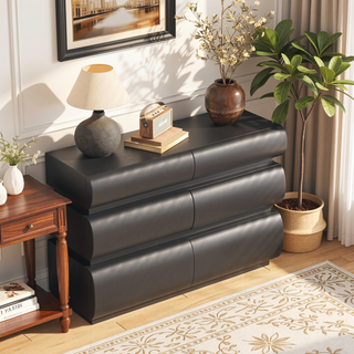 Sunvega Modern Black Handle-Less 6 Drawer Dresser with Anti-Tipover for Bedroom