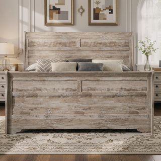 Sunvega Queen Size White Wash Finish Sleigh Bed and Two Nightstands with Antique Walnut Trim