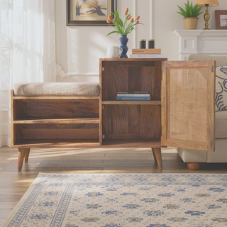 Sunvega Solid Mango Wood Bench Unit with Cushioned Seat and Storage Cabinet