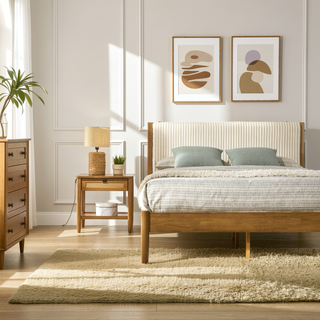 Sunvega 5-Piece Rubberwood Bedroom Set with Queen Bed Dresser Mirror Nightstand Chest