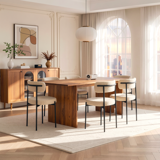 Sunvega Modern Dining Chairs with Tufted Beige Boucle Fabric and Curved Back