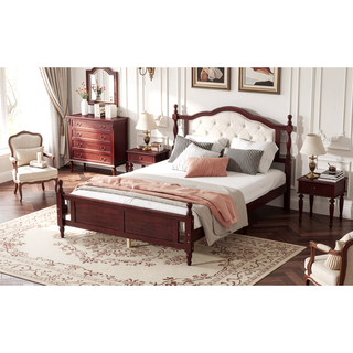 Sunvega Queen Pine Wooden Bed with Upholstered Headboard and Panel Footboard