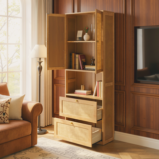 Sunvega Rattan Storage Cabinet with USB Ports and 3 Drawers for Bedroom