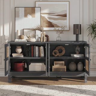 Sunvega Retro 4-Door Sideboard with Rattan and Glass Doors for Large Storage Space