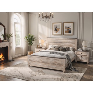 Sunvega White Wash Finish Queen Bedroom Set with Dresser Mirror and Nightstands