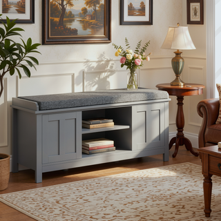 Sunvega Entryway Shoe Rack Bench with Cushion Sliding Doors and Adjustable Shelves