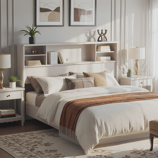 Sunvega White Bookcase Headboard with Two Adjustable Shelves for Full Queen Beds
