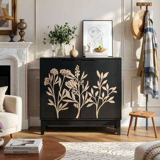 Sunvega Rattan Decorated Storage Buffet Cabinet with Bohemian Style for Living Room