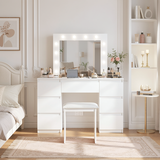 Sunvega Vanity Table with Adjustable Mirror Spacious Drawer and Matching Stool