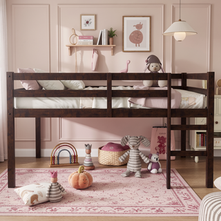 Sunvega Espresso Rubber Wood Low Height Loft Bed with Ladder for Bedroom