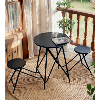 Sunvega Black Stowable Side Table and Two Seats with Foldable Iron Frame