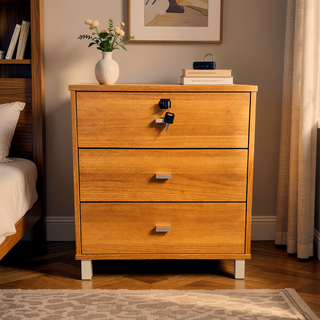 Sunvega Three Drawer Nightstand with Locking Top Drawer and Metal Bar Handles