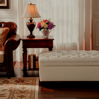 Sunvega Blue Fabric Storage Ottoman with Birch Legs for Living Room Seating
