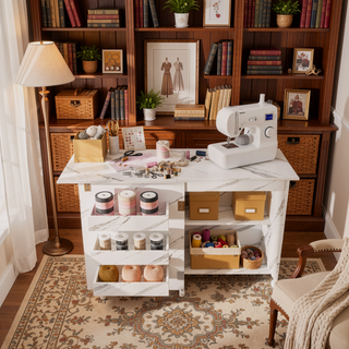 Sunvega 4-in-1 Folding Sewing Table with Lockable Wheels and Shelves for Crafting