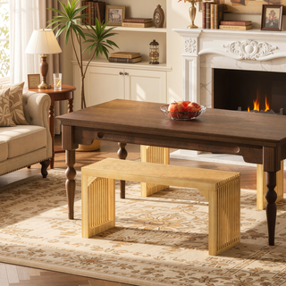Sunvega Solid Wood 2-Seats Entryway Bench with Grille Details for Living Room