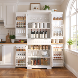 Sunvega Modern Farmhouse White Buffet Cabinet with Hutch for Kitchen Storage and Dining Room