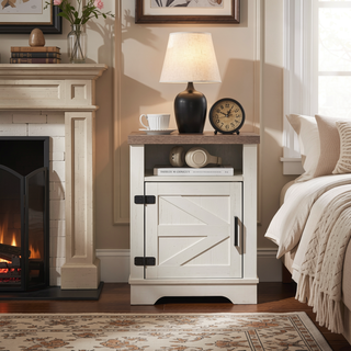 Sunvega Farmhouse Nightstand with Barn Door and Storage for Bedroom or Office