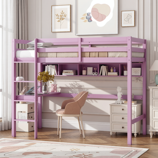 Sunvega Pink Rubber Wood Twin High Loft Bed with Safety Guardrail and Built-in Desk