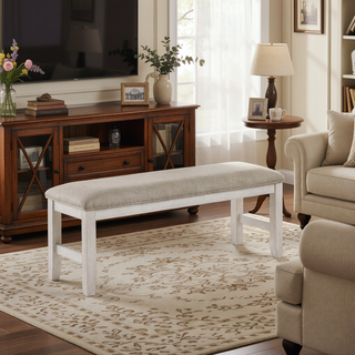 Sunvega Modern Farmhouse Dining Bench with Antique White Finish and Upholstered Seat