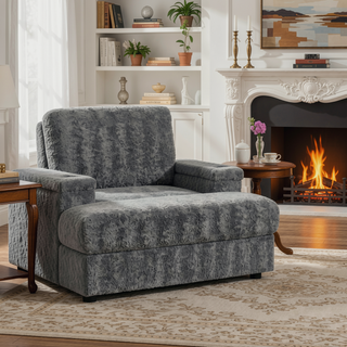 Sunvega Faux Rabbit Fur Sofa Bed with Storage Ottoman Cup Holders and Armrests