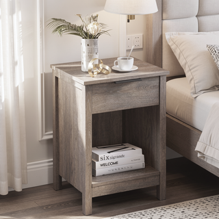 Sunvega White Wooden End Table with Charging Station and 2 Drawers for Bedroom