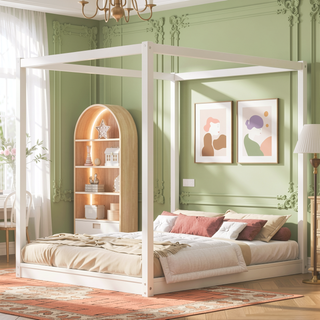 Sunvega White Queen Size Canopy Platform Bed with Support Legs and Sturdy Frame