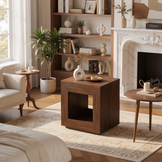 Sunvega Industrial Rustic Brown Wood End Table with 2 Tiered Storage Shelf and USB Outlets