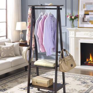 Sunvega Dark Espresso Wooden Coat Rack with Shelves and Knob Hooks