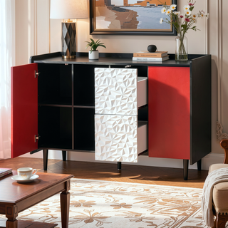 Sunvega Black and Red Modern Sideboard Buffet Cabinet with 2 Drawers