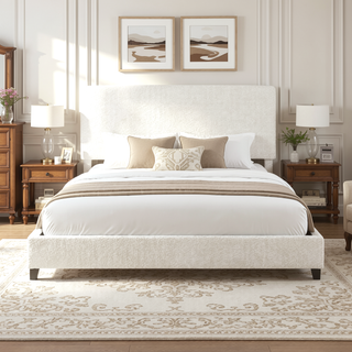 Sunvega Queen Size White Boucle Upholstered Platform Bed with Padded Headboard