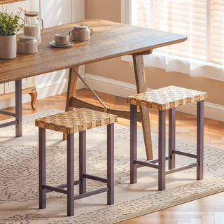 Sunvega Handwoven Seagrass Dining Bench with Cushion and Adjustable Foot Pegs for Farmhouse Kitchen