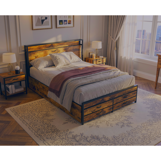 Sunvega Full Size Storage Bed Frame with LED Headboard Charging Station and 8 Drawers