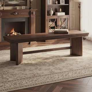Sunvega Walnut Finish Wood Trestle Bench with V-Angled Pedestals for Dining Room