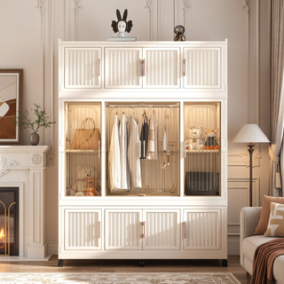 Sunvega Portable Wardrobe Closet Storage Organizer with 9 Magnetic Doors and Hanging Rod