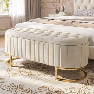 Sunvega Elegant Upholstered Velvet Storage Ottoman with Button-Tufted Design and Metal Legs