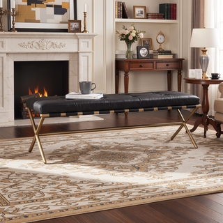 Sunvega Faux Leather Bench with Tufted Upholstery and Gold Metal Frame