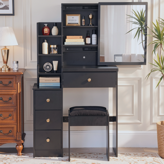 Sunvega Small Space Left Bedside Cabinet Vanity Table with Cushioned Stool and Sliding Mirror