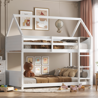 Sunvega Twin Over Twin House Floor Bunk Bed with Headboards Footboards Guardrails and Ladder