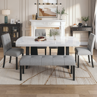 Sunvega Modern Tufted Linen Entryway Bench with Black Rubber Wood Legs for Kitchen