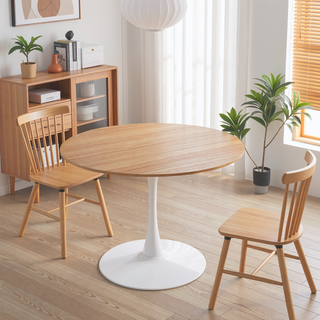 Sunvega 42.1 Inch Round Oak MDF Top Pedestal Dining Table for 4-6 People